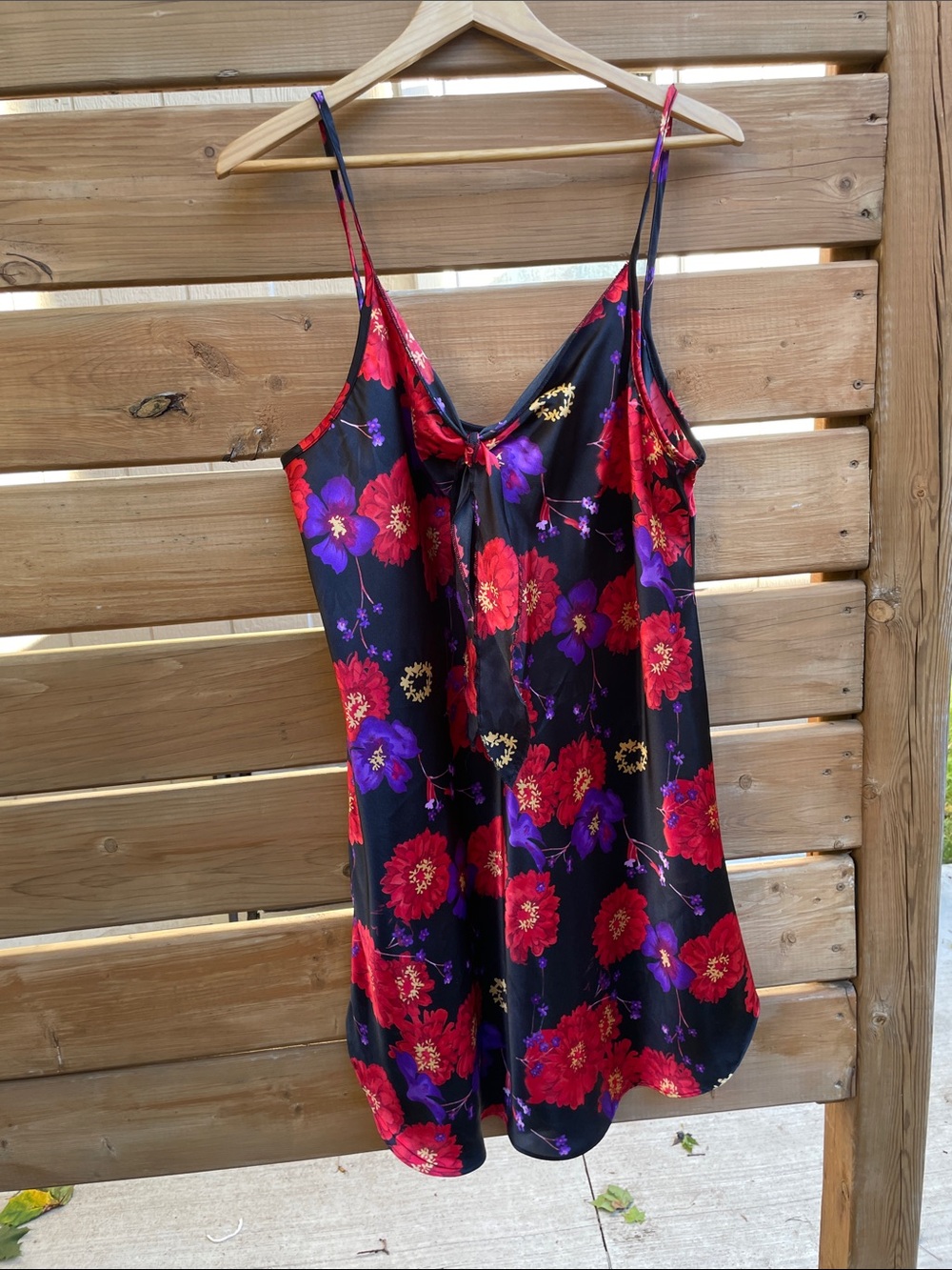 Secret Treasures Black Satin Chemise with Red & Purple Floral Print